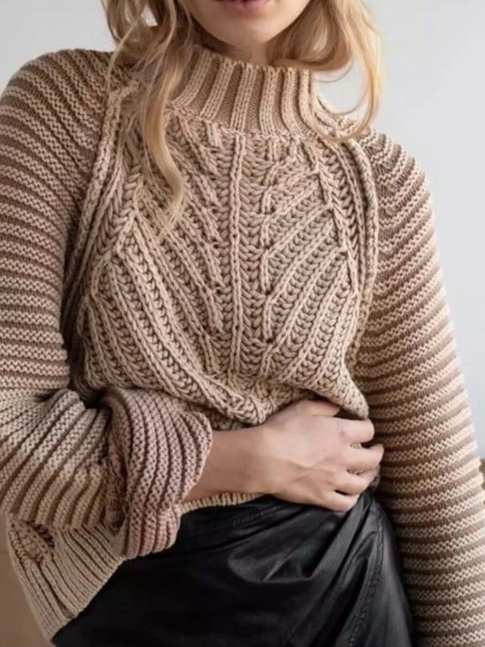 Free People Sweetheart Cable Knit Mock Neck Sweater Tan Sand XS